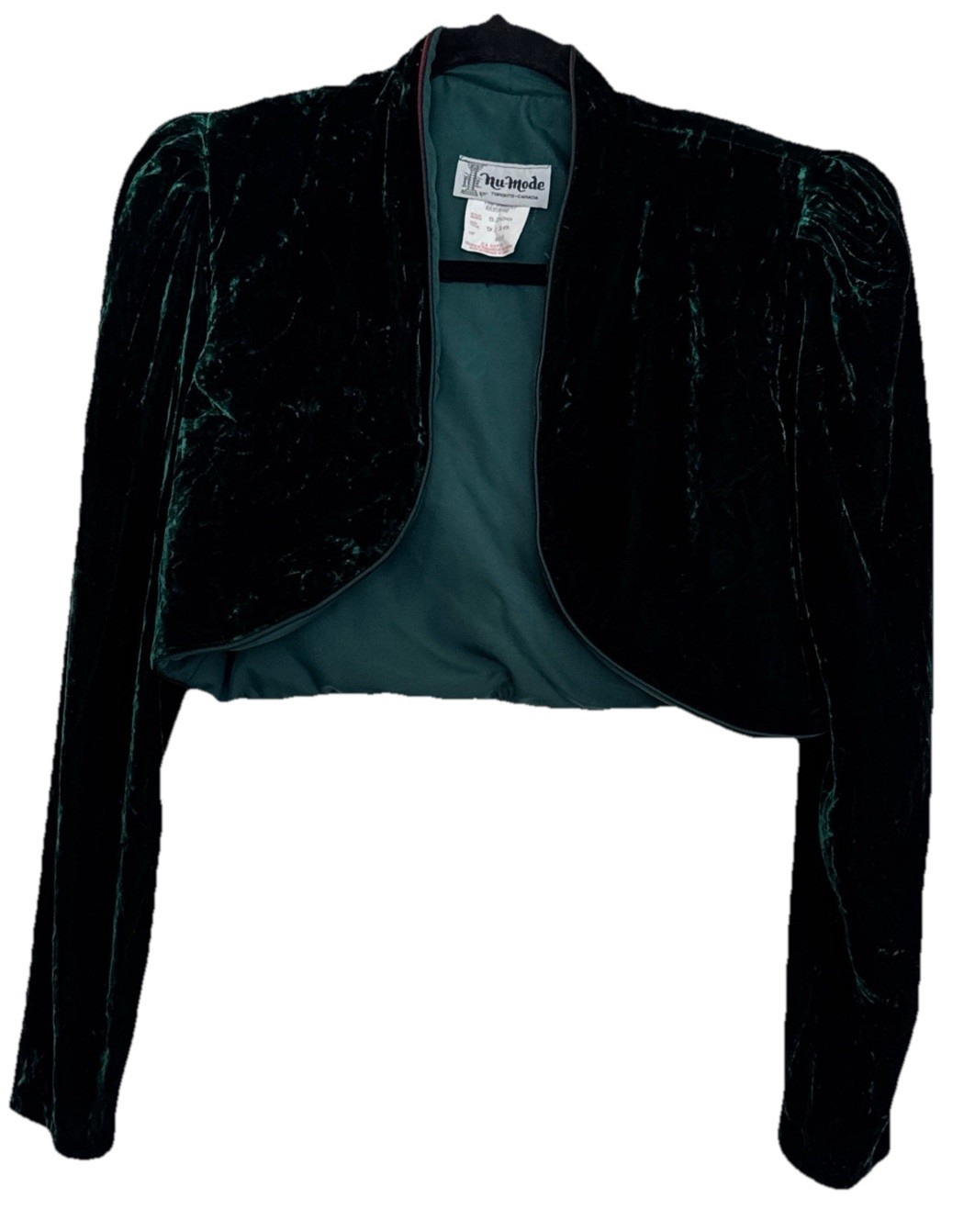 Vintage green Crushed velvet bolero Cropped jacket Size 9/10 Nu Mode Toronto