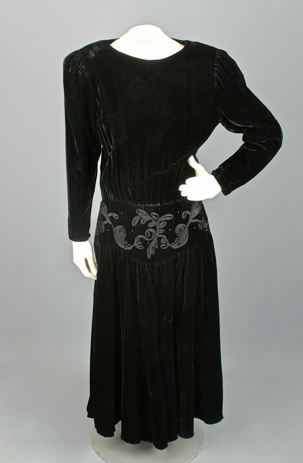 VTG Women’s 80s (30s Style) Black Velvet Dress Sz S 1980s 1930s