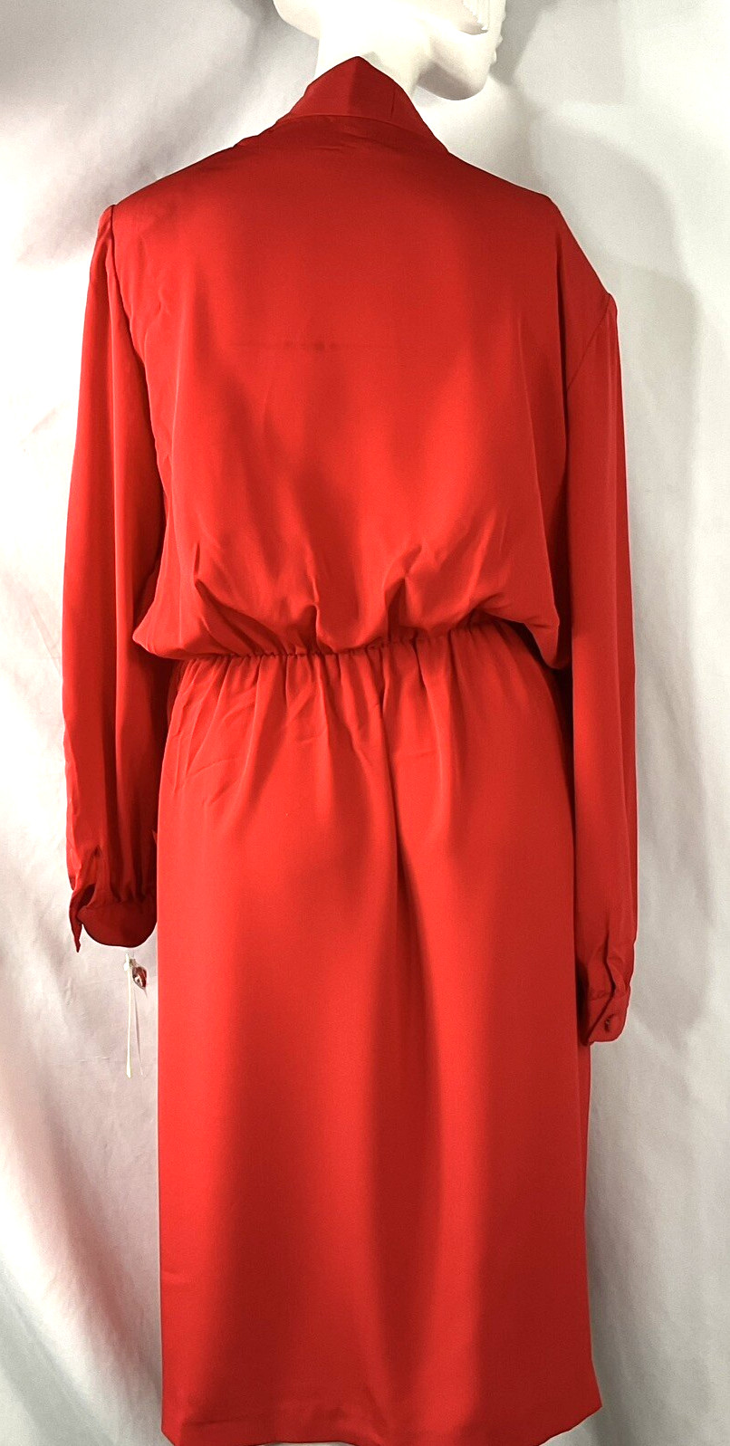 Retro 1980s Hana Sung Dress 14 Red Polyester Silkese Sumpreme Long Sleeve V-Neck