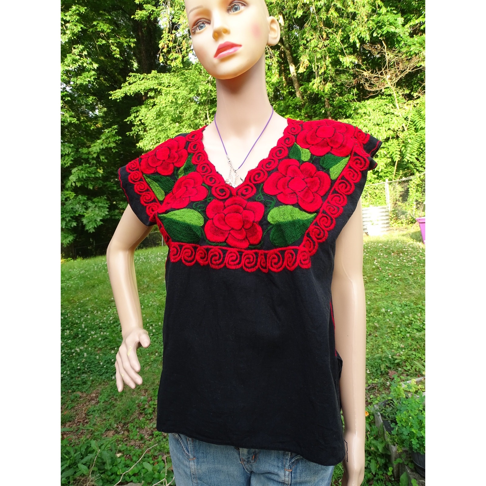 Vtg Handmade Black Floral Embroidered Blouse Red Rose Artisan Folk Art Clothing