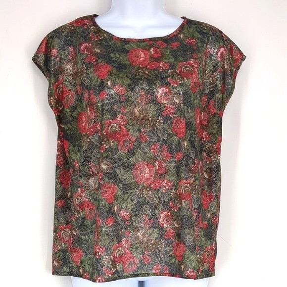 Vintage 80s Liquid Wet Look Floral Print Blouse Memphis Design Lauren Lee Large