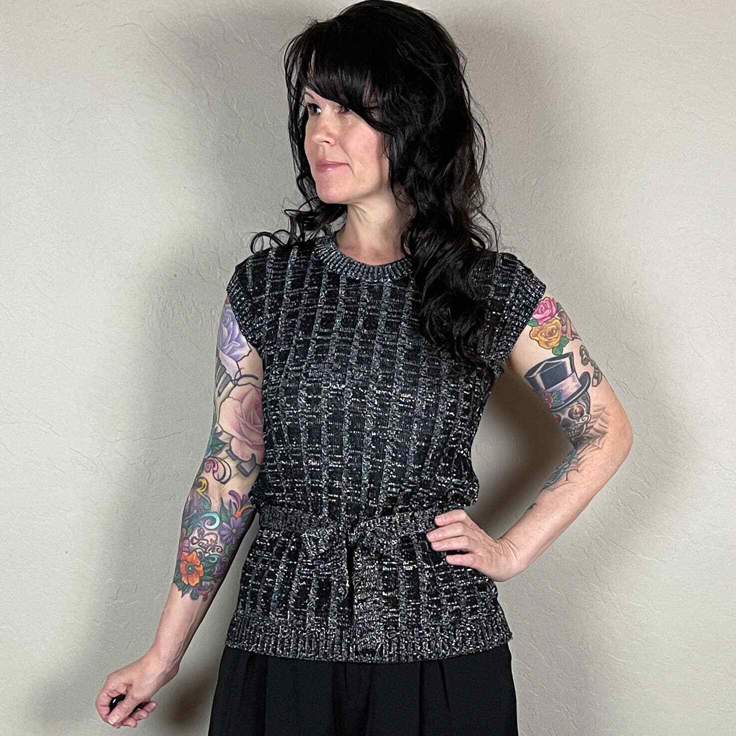 Vintage 1970s Black and Silver Sleeveless Belted Sweater – S/M