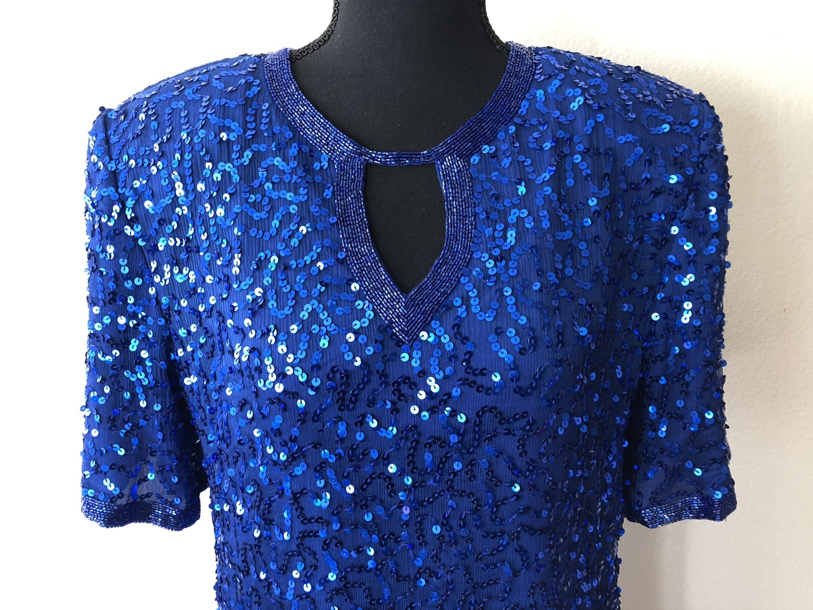 Vintage ’80s Joseph Le Bon Royal Blue Sequined & Beaded Tunic Top Cutout L/XL