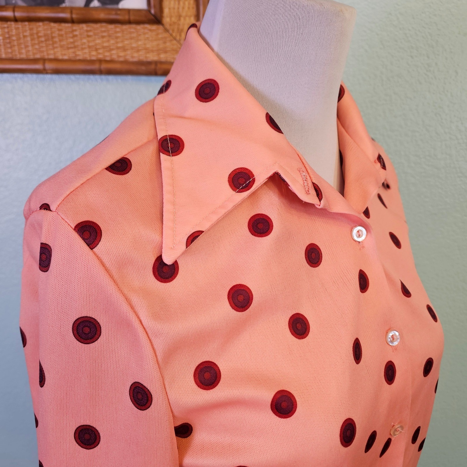 Vintage DeVon Peach Polka Dot Disco Blouse Point Collar Mod Secretary Top Size S