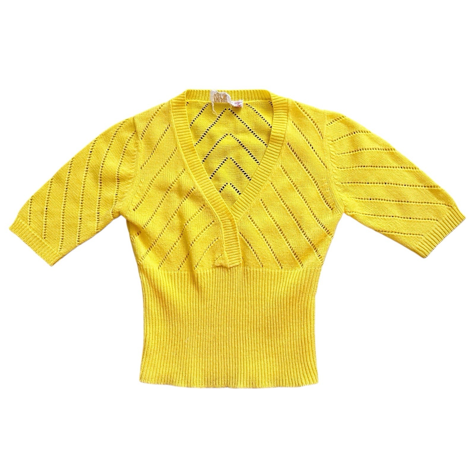 Vintage Tami Size 36 S Yellow V-Neck Half Arm Acrylic 70s Top Knit