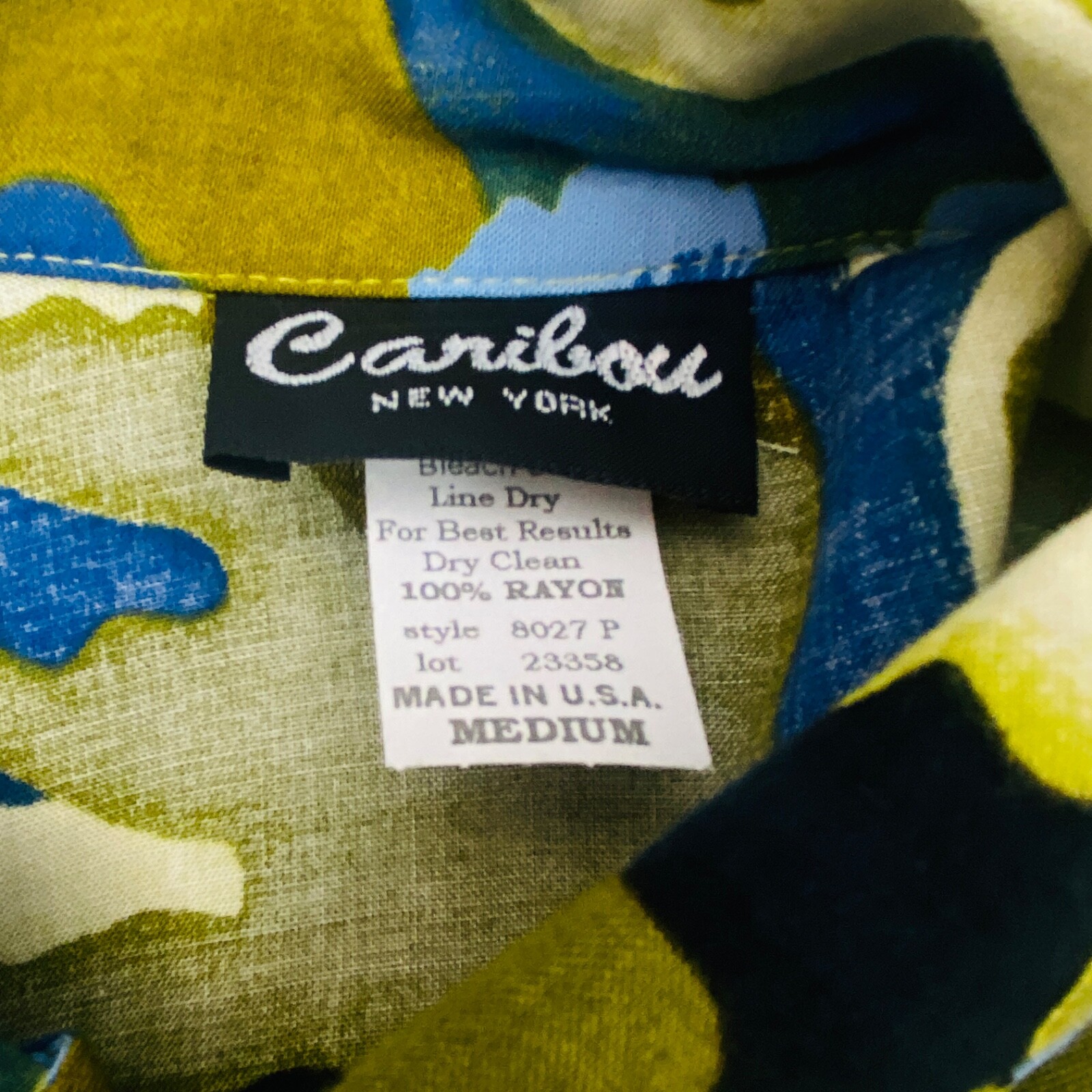 Vintage 1990s tropical print blouse, green camo blue floral rayon short sleeve M