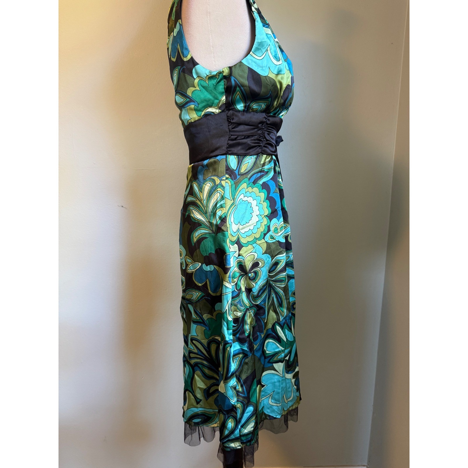 Love Tease Green Aqua Floral Satin Fit Flare Dress Tulle y2k 5 NWT retro dainty