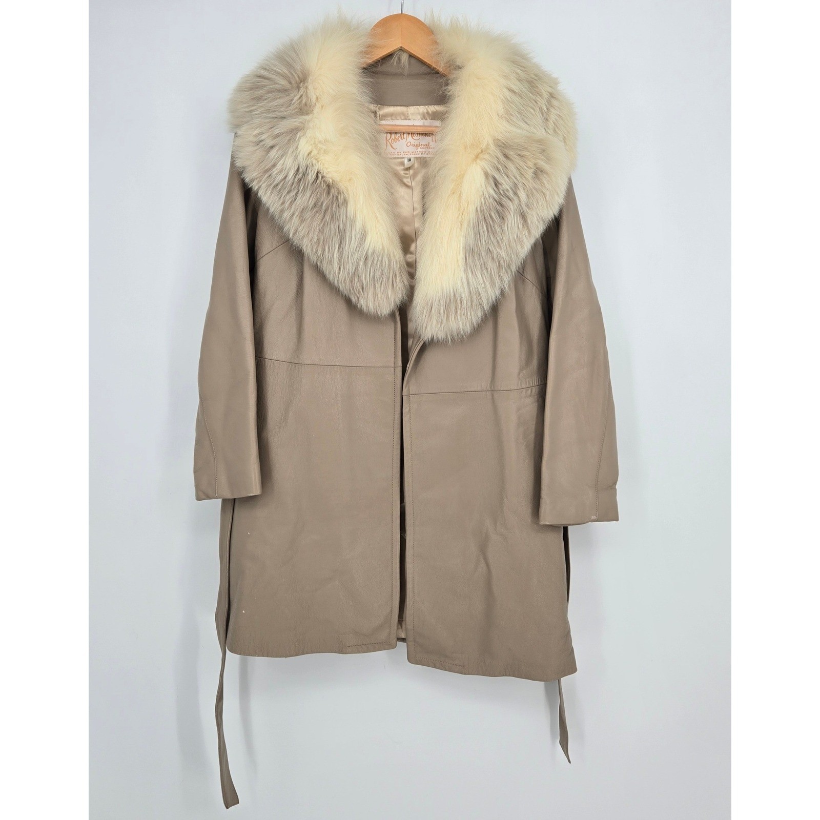 Vintage Women’s 10 Real Leather Swing Coat Genuine Fox Fur Collar Tan Cream