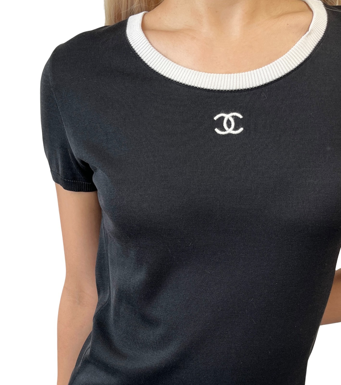 CHANEL Vintage 95C CC Logo Knit Mini Dress Short Sleeve #36 Black White 901285