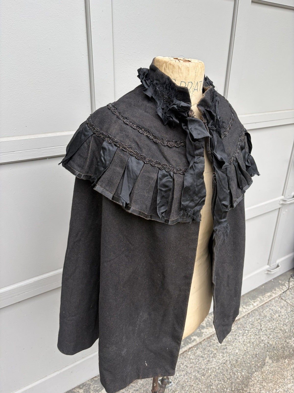 Antique Victorian Black Wool Beaded Evening Cape Capelet Cloak Mourning 1800s