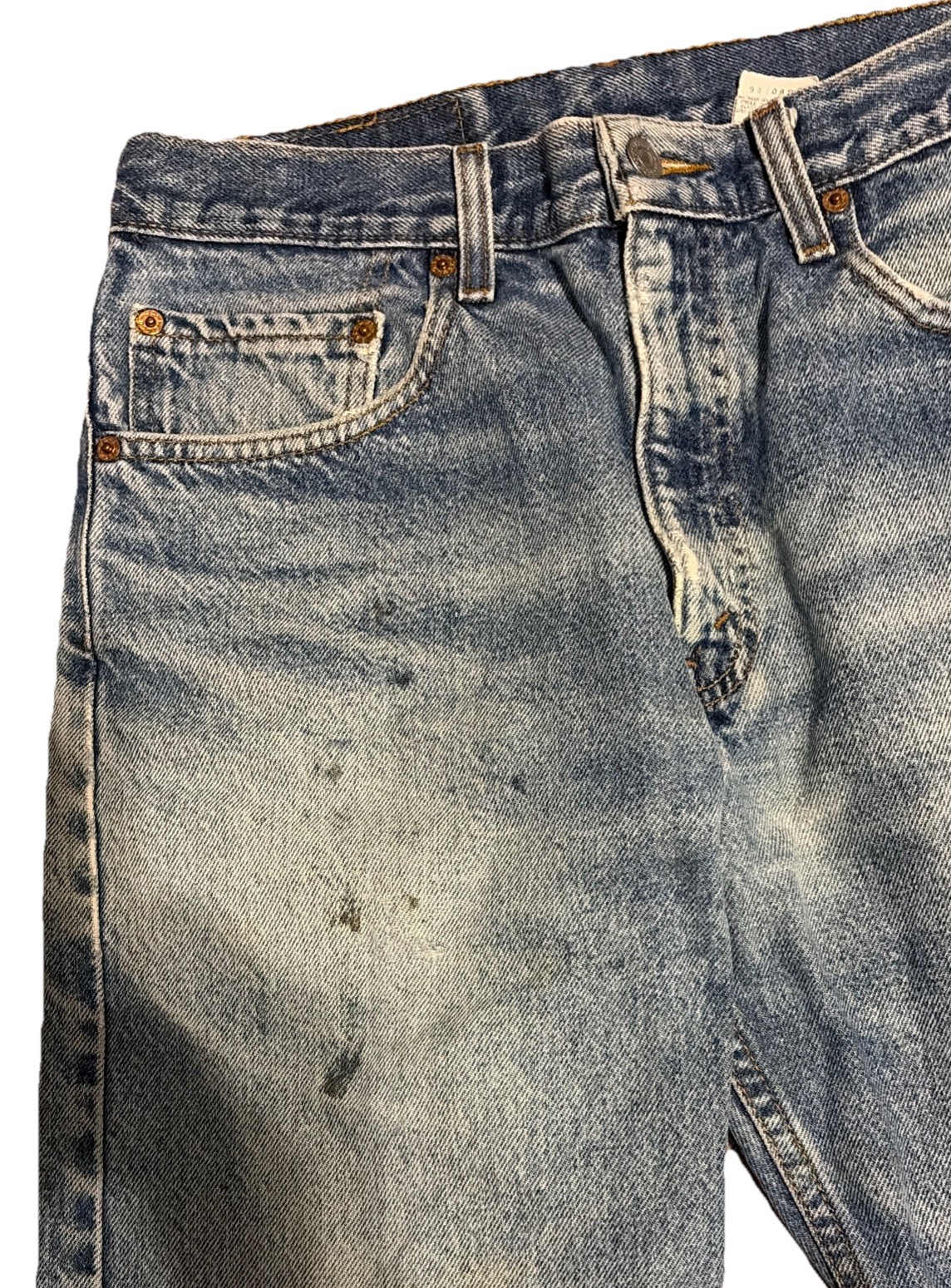 Vintage Levis 505 0216 Womens 31×26 Jeans Straight Distressed Paint Indigo Fades