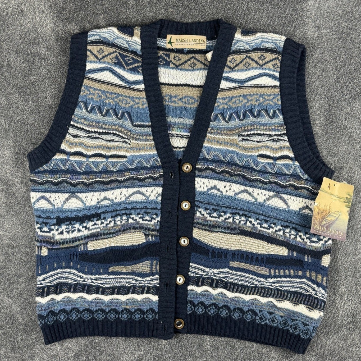 Marsh Landing Vintage 3D Textured Knit Sweater Vest Blue Geometric Womans S NWT