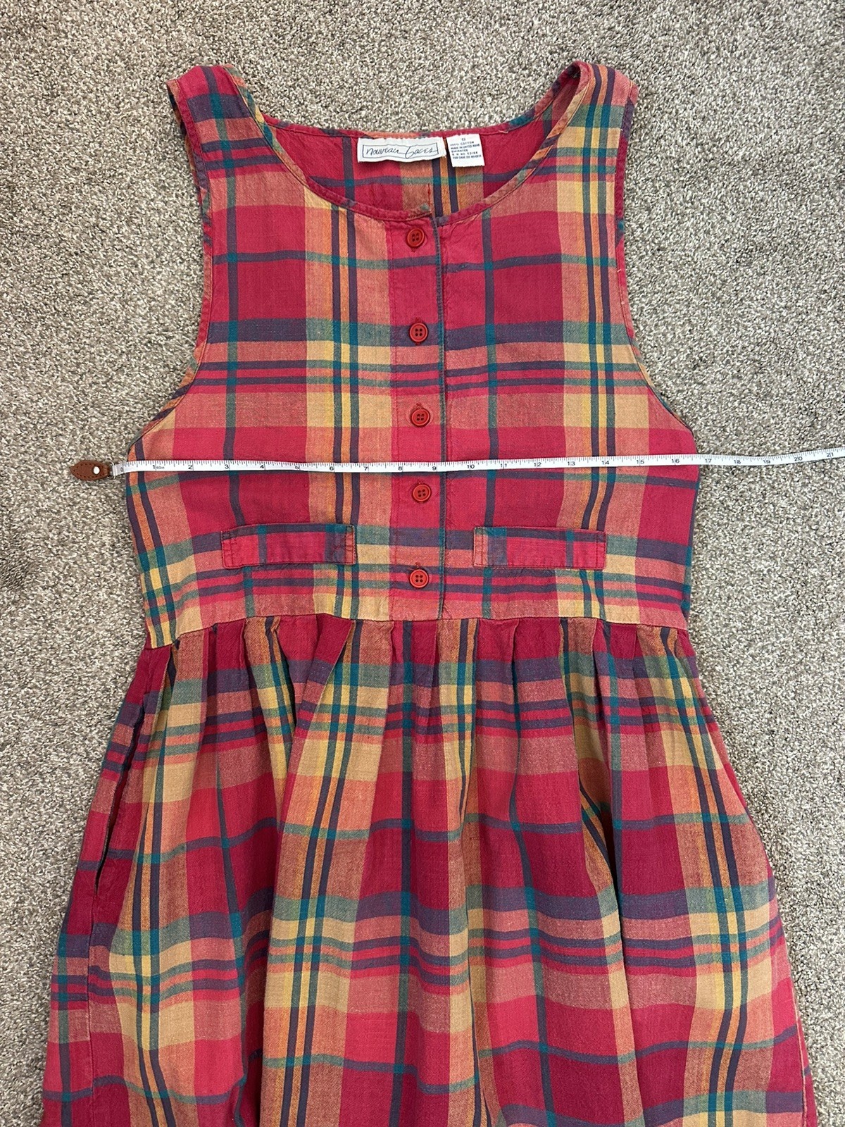Vintage 80s Midi Dress Plaid Cotton Womens S Drop Waist Button Back Cottagecore