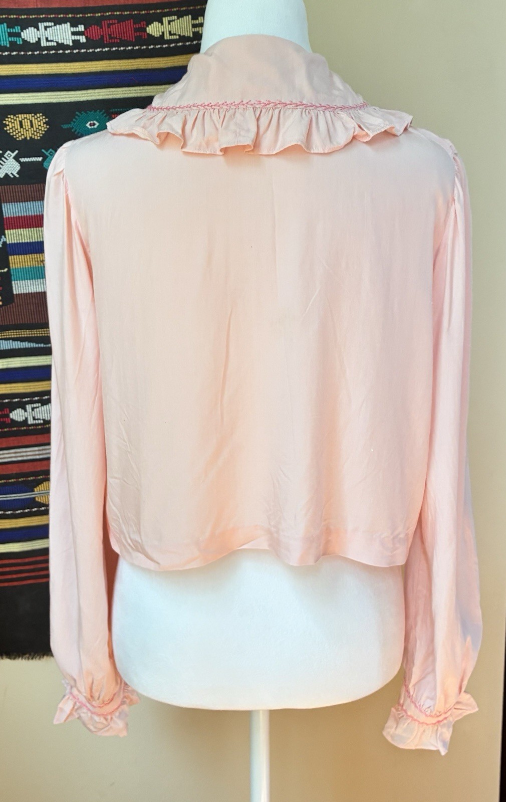 Vintage 40s/50s Handmade Pink Bed Jacket w Ruffle Collar & Embroidery