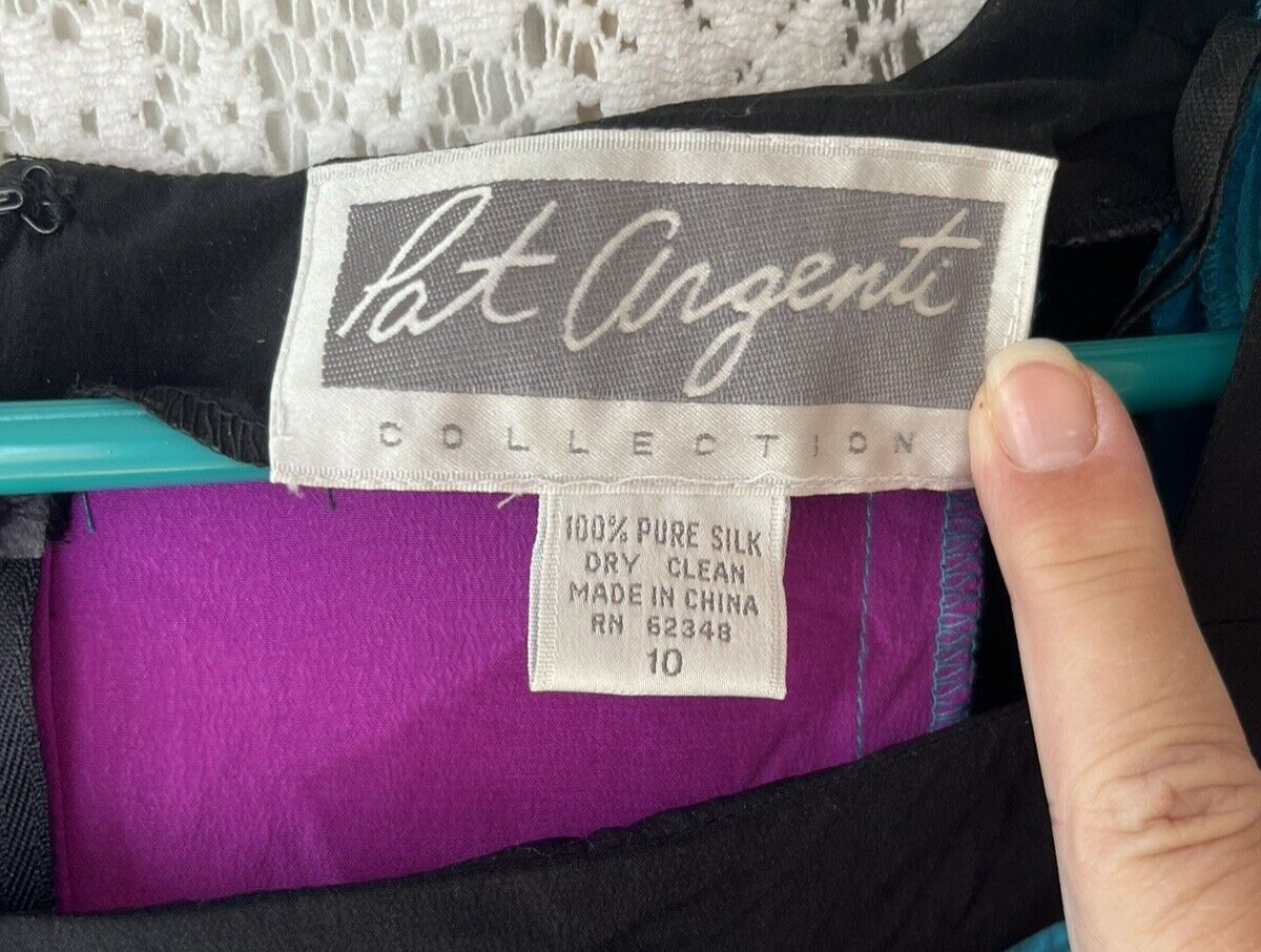VTG Pat Argent 100% Silk Color Block Dress Geometric Print Womens 10