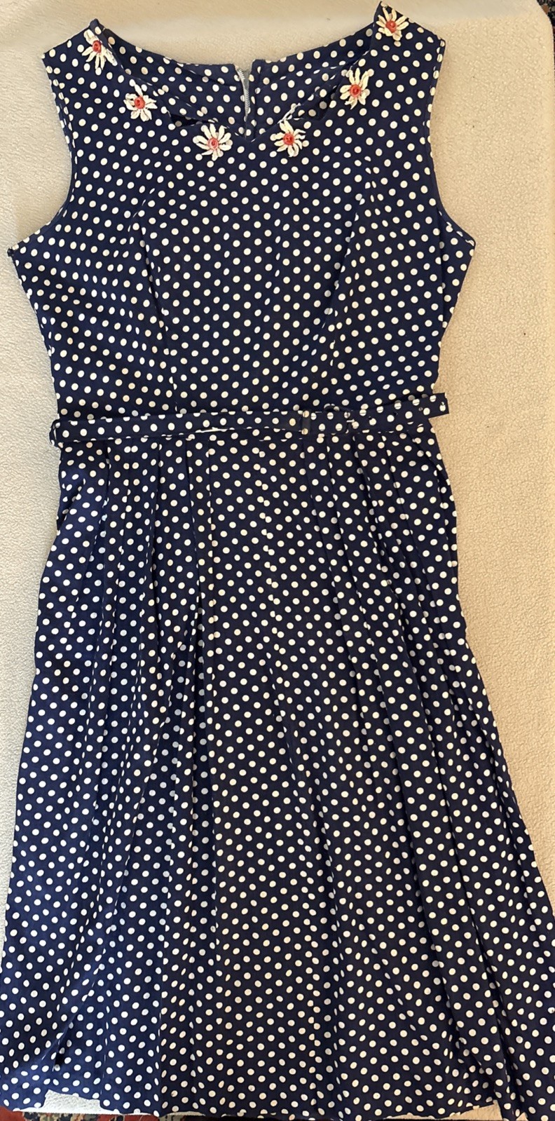 Retro MCM Navy/White Polka Dot Fit & Flare Swing Pleated Dress w/Belt