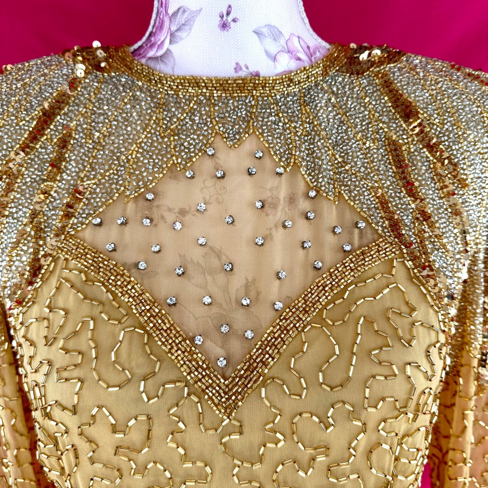 NWT Beaded Sequin Rhinestone Silk Gold Party Midi Dress Oleg Cassini Size 6 NYE
