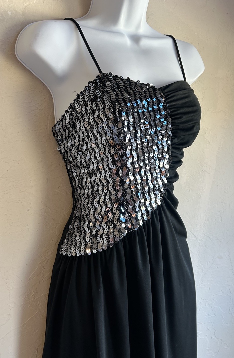 Vintage 80s Glenrob Black Sequin Asymmetrical Cocktail Dress S Studio 54 Glam