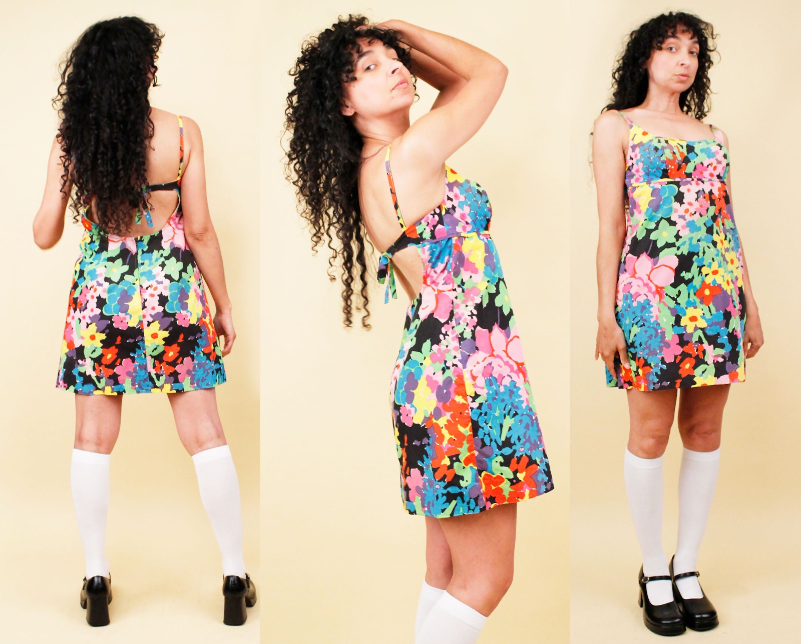 60s 70s Vtg Rainbow Floral Micro Mini Dress Open Back Psychedelic Mod B32-34″ S