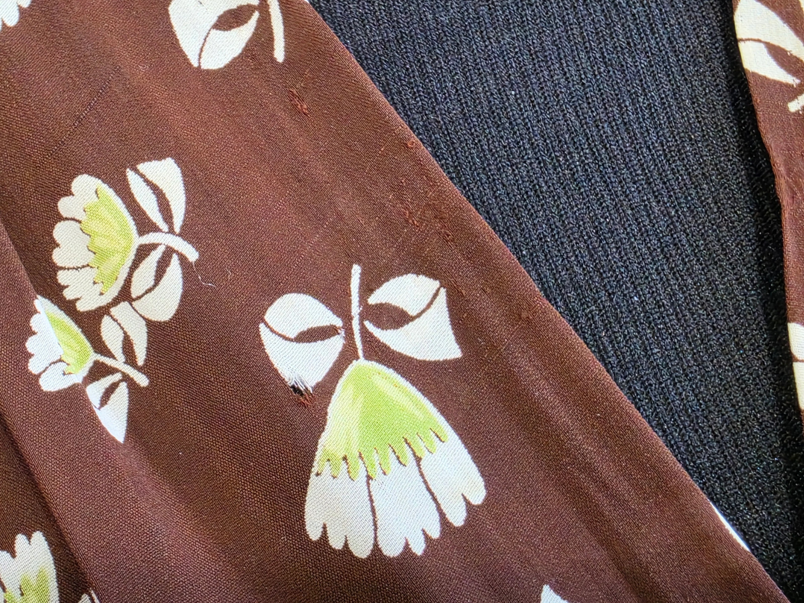 Vintage 1930s 1940s Brown Peplum Dress Flower Print Tulip Novelty (34″ waist)
