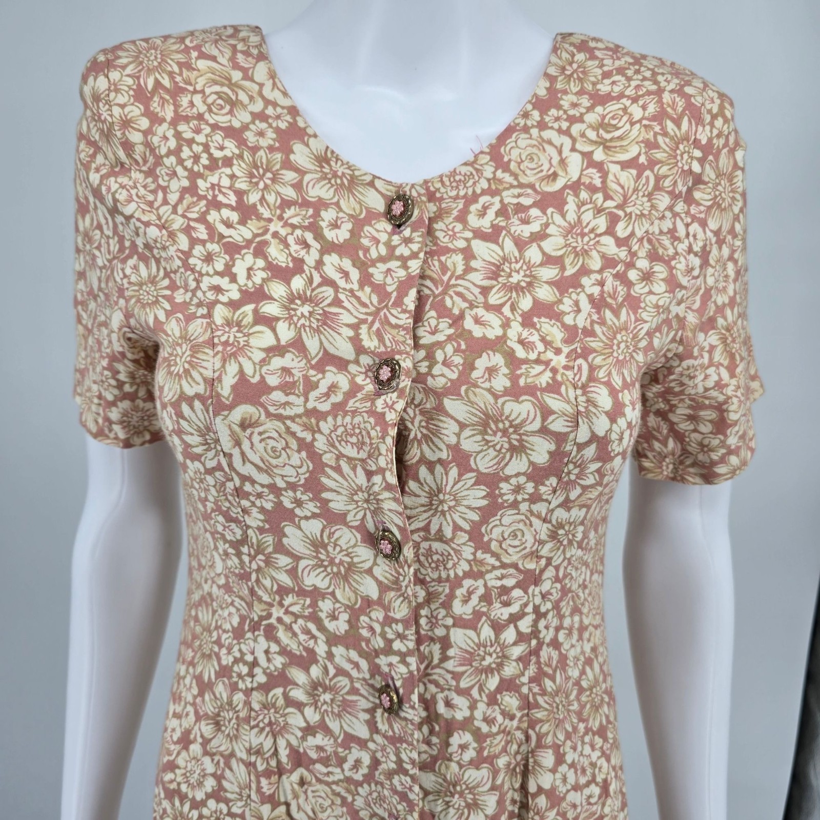Vintage 1990s Rampage Pink Floral Rayon Button-Front A-Line Midi Dress (S)