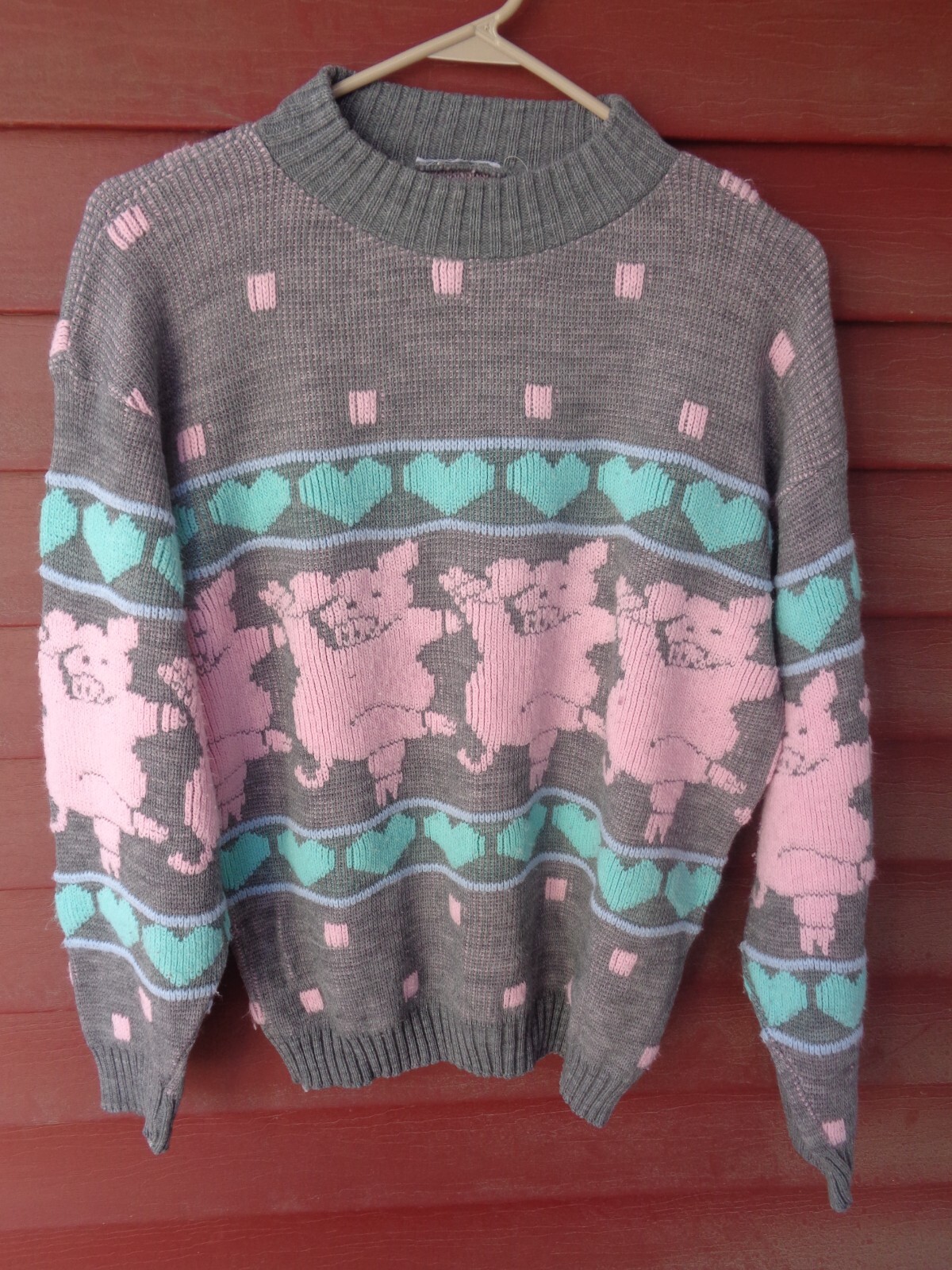 Vintage Fairy Kei Kawaii Pastel DANCING PIGS & HEARTS SWEATER