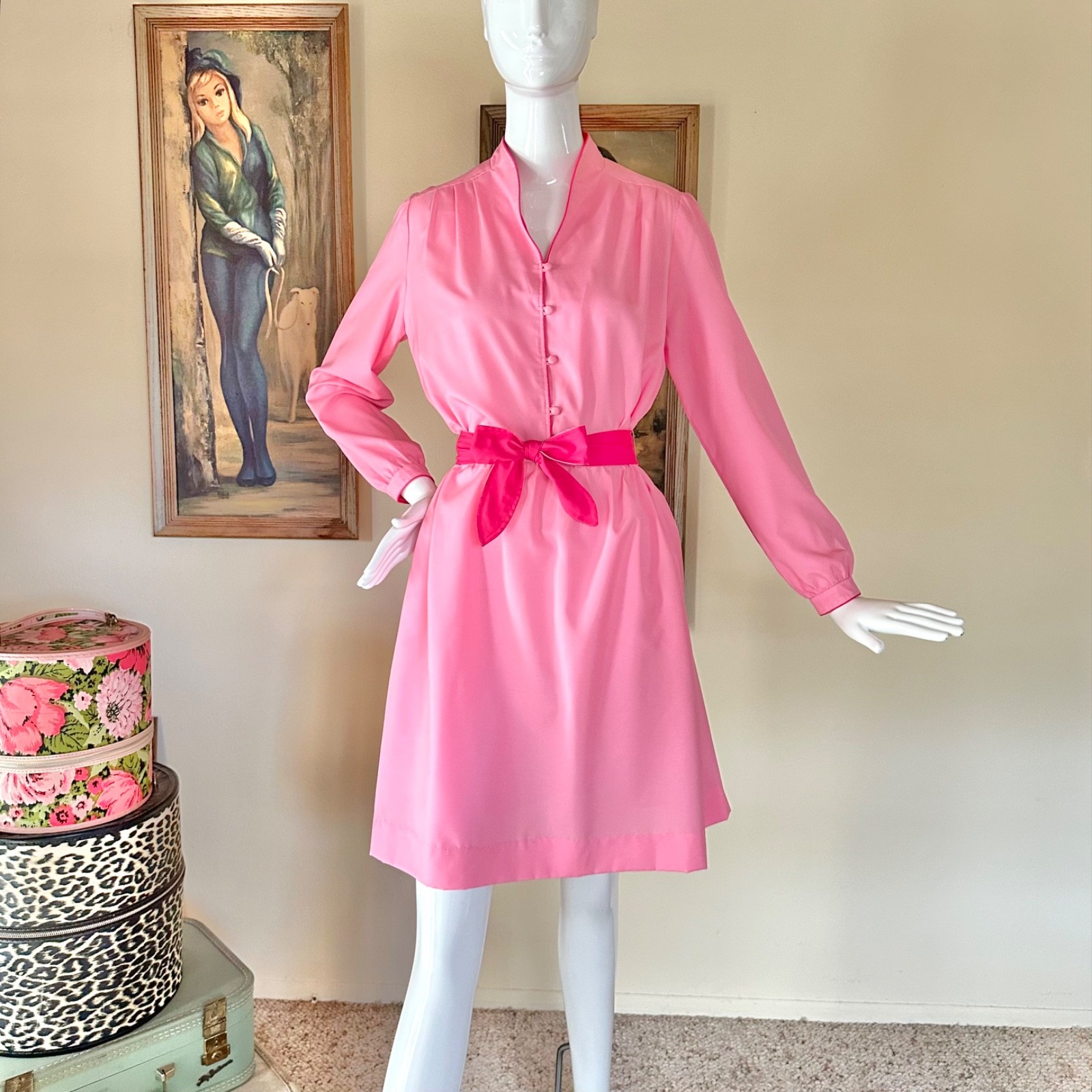 Vintage 1970s Bubblegum Pink Color Block Secretary Day Dress SATC Disco L