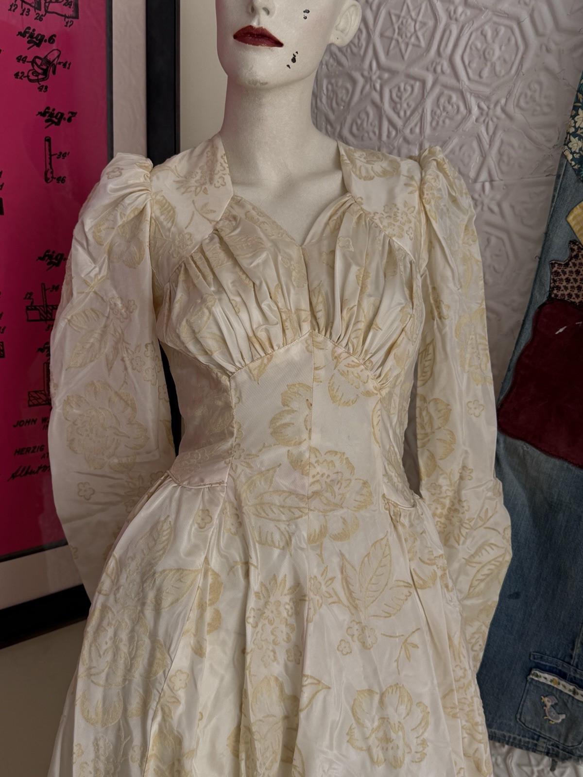 Vintage 1930s wedding gown puff sleeve flocked floral ivory dress-antique bridal