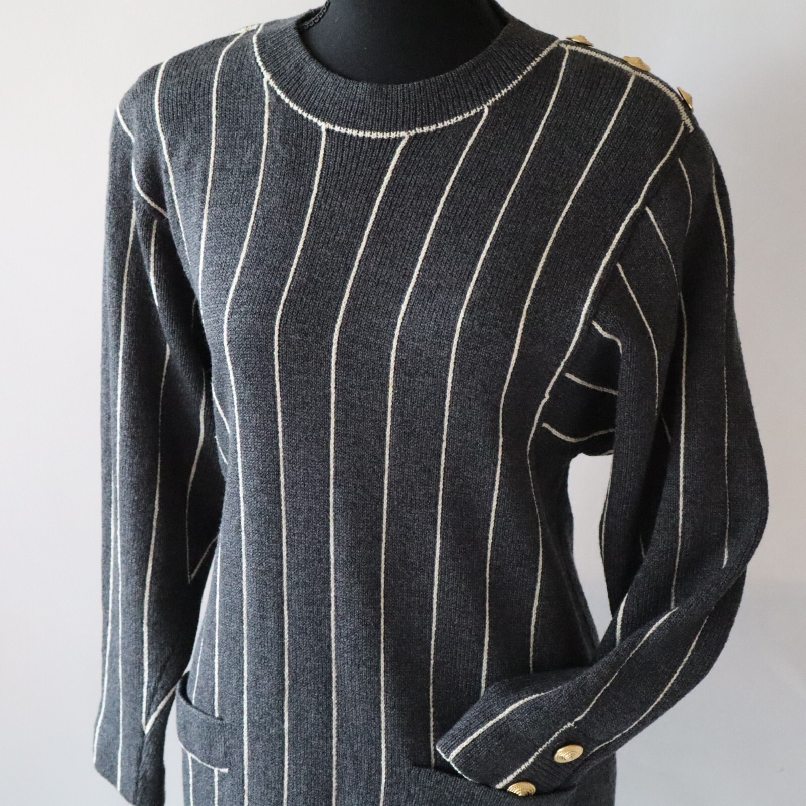 Vtg Don Sayres Wellmore Wool Knit Dress Navy Blue Pinstripe Long Sleeve Sz 10