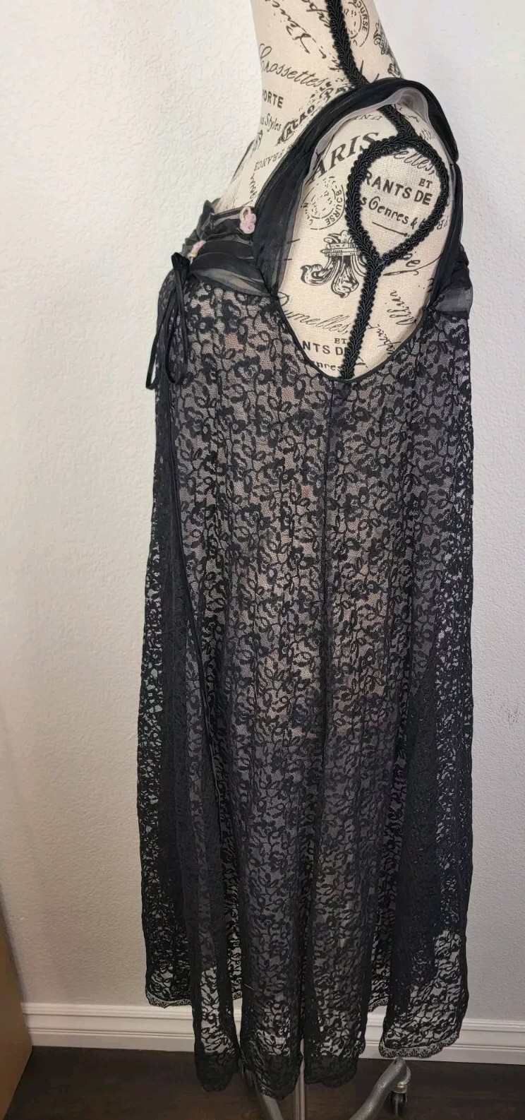 Gotham Gold Stripe Vintage Nightgown Medium Floral Lace Overlaid Whimsygoth