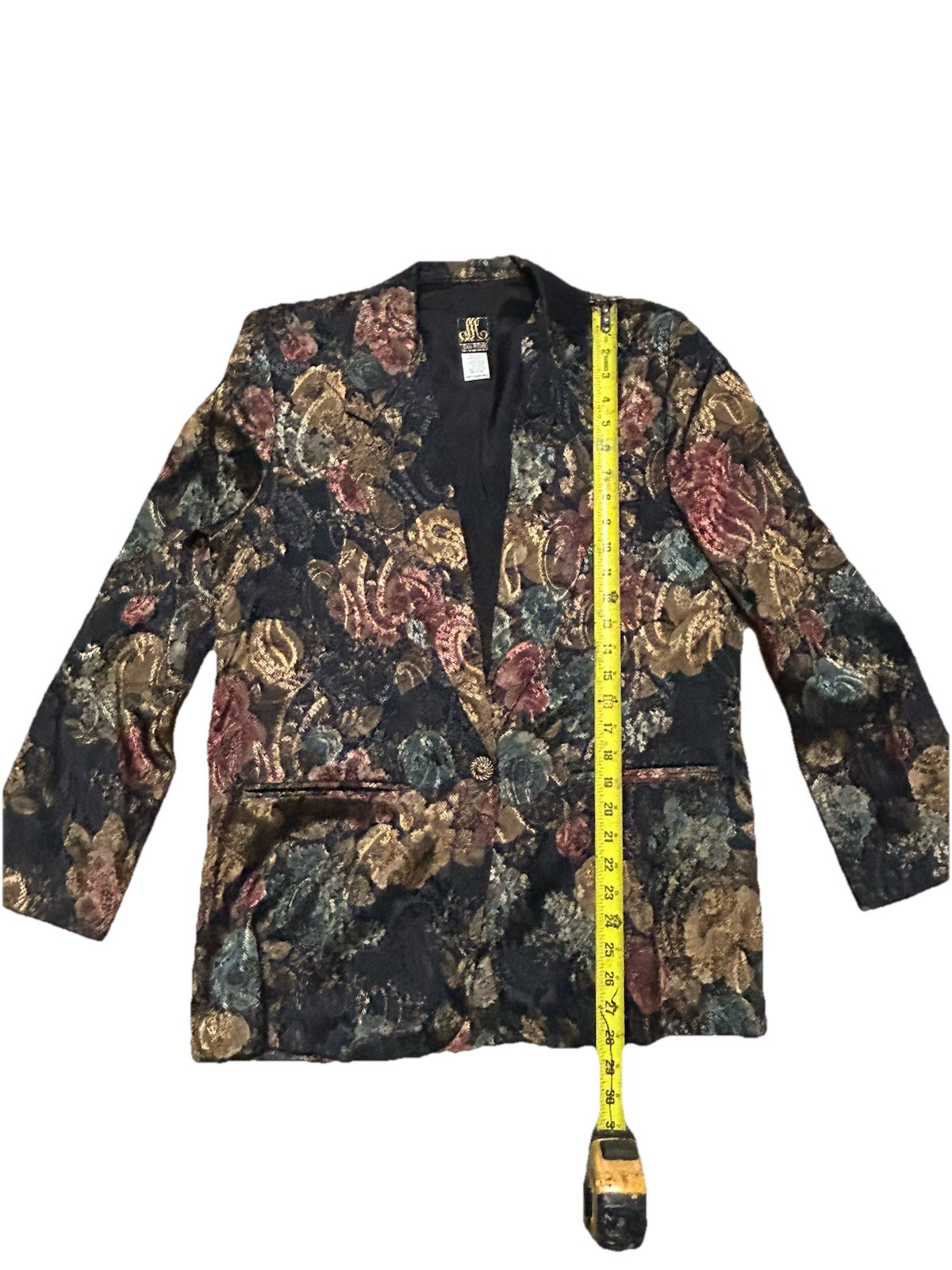 VTG 1980’s San Moire Women’s Blazrer SzM Black Floral Tapestry Padded Shoulders