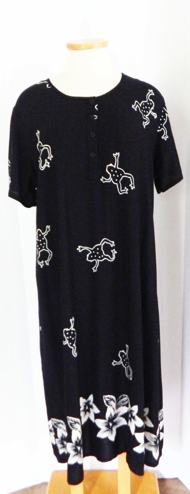 Desert Jems Vintage Black White Jumping Frog Floral Print Long Dress Size XL