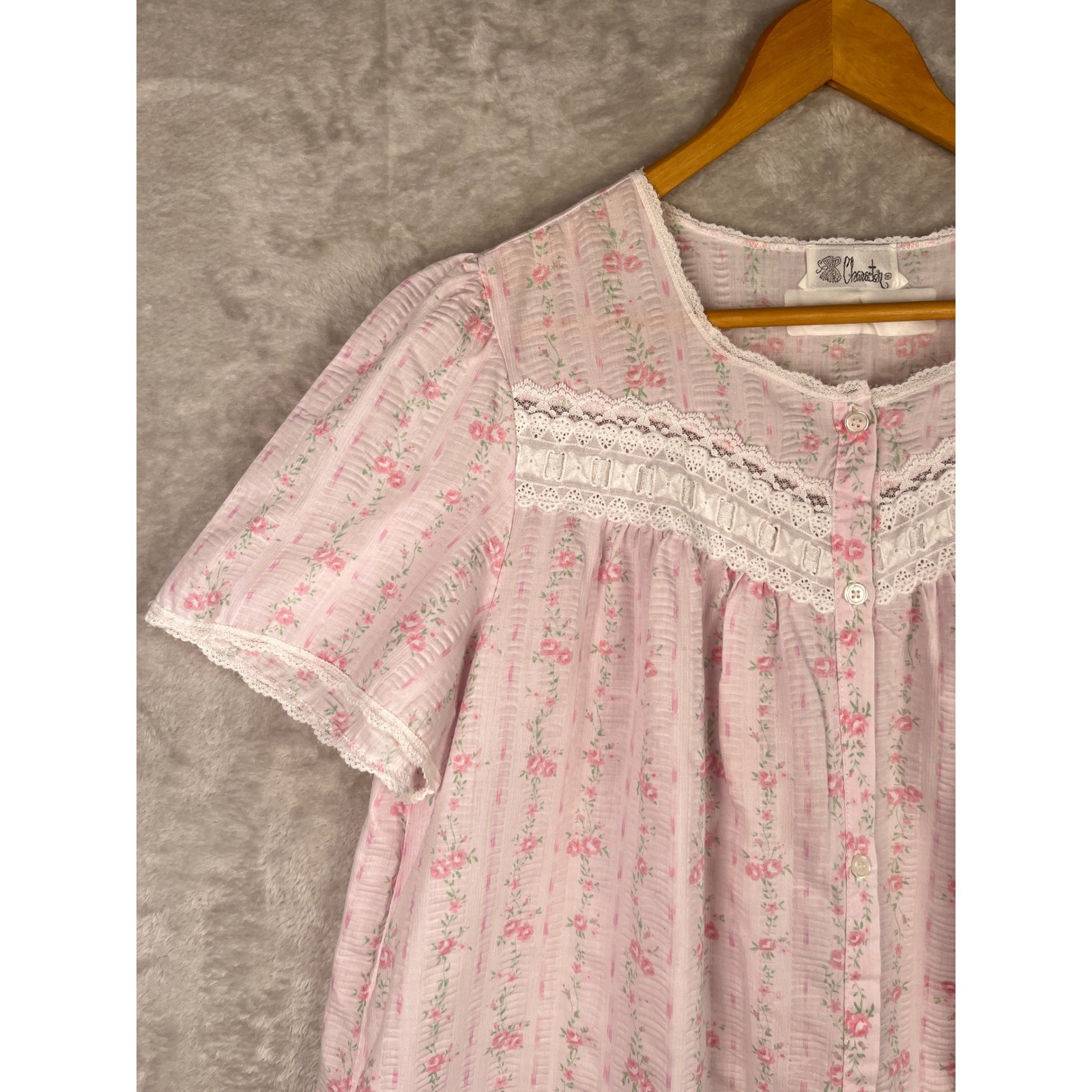 Vintage Character Nightgown Robe Set Medium Pink Floral Lace Grandma Cottagecore