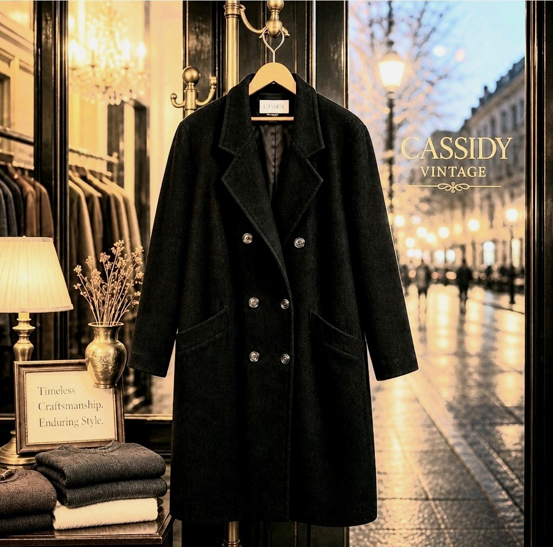 Vintage Hand-Tailored 100% Black Size Medium Wool Coat By Cassidy