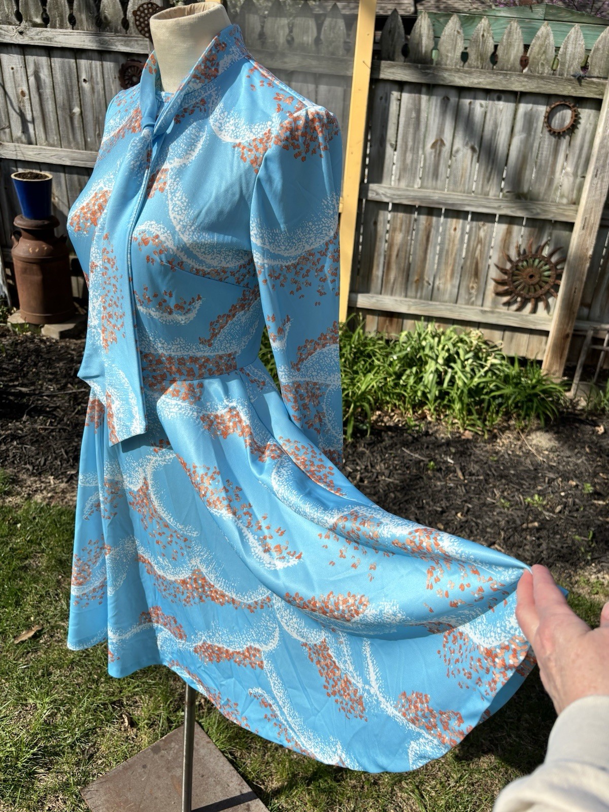 VTG 1970s Secretary Dress Pussy Cat Bow Fit Flair Midi Sz S B32 W26 Blue Orange