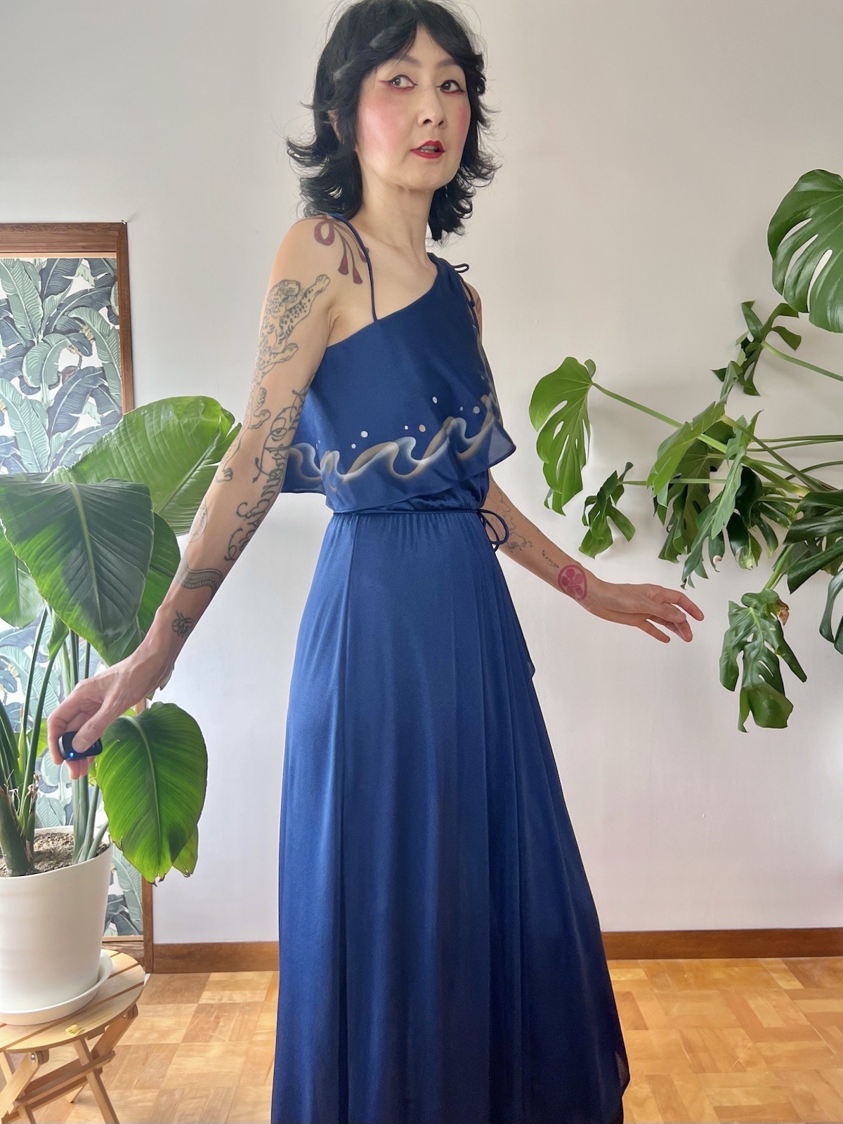 VTG 70s Disco Maxi Dress Airbrush Paint One Shoulder Gown S/M Studio 54 Dress