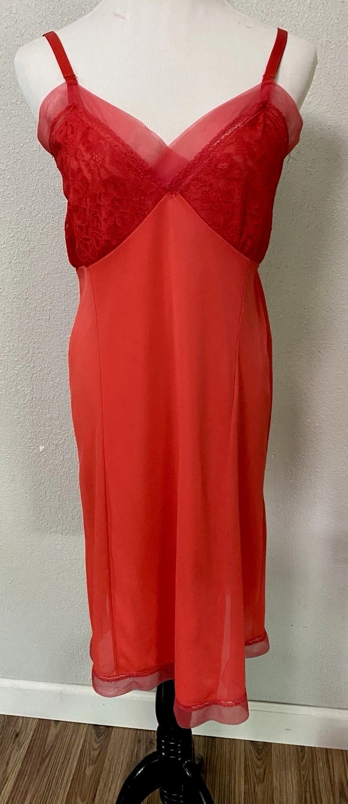 Vintage 1950s Red Rockabilly Chiffon & Lace Full Slip Nylon Sz 38 35 40
