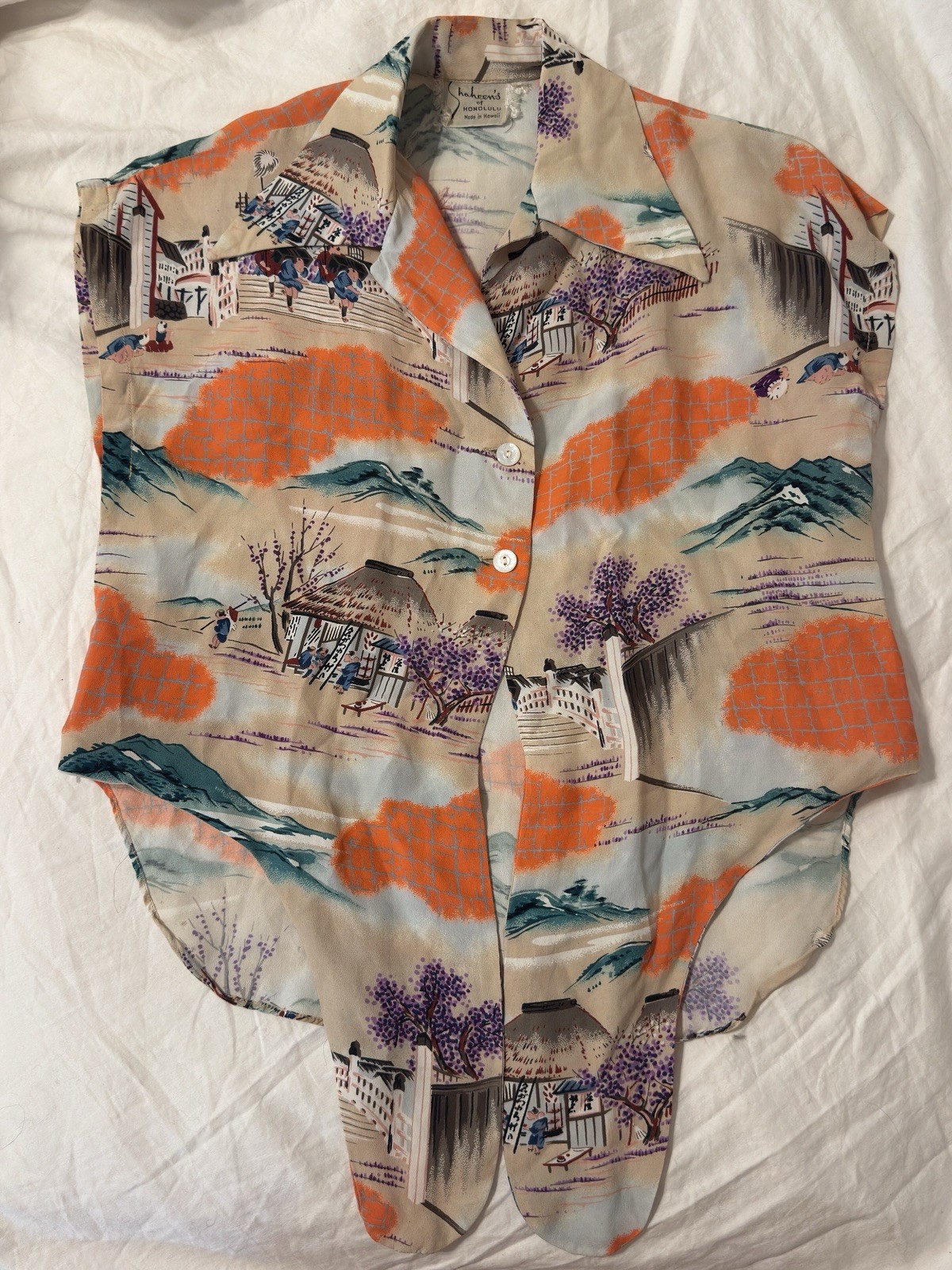 1950s Vintage Shaheen’s of Honolulu Hawaiian Tie Front Blouse Women’s
