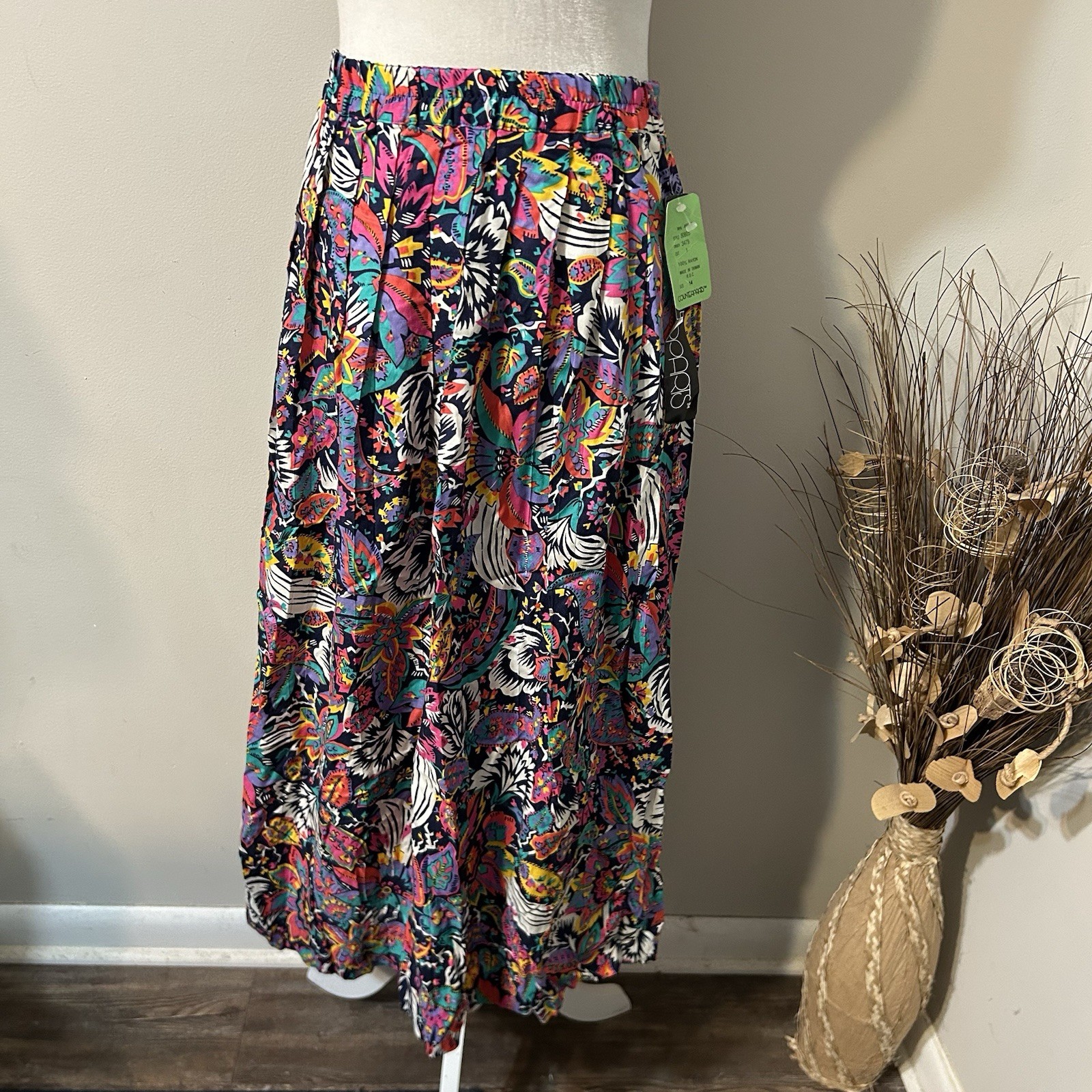NWT Vtg Counterparts PullOn Multicolor Floral Pleated A-line Midi Skirt Size 14