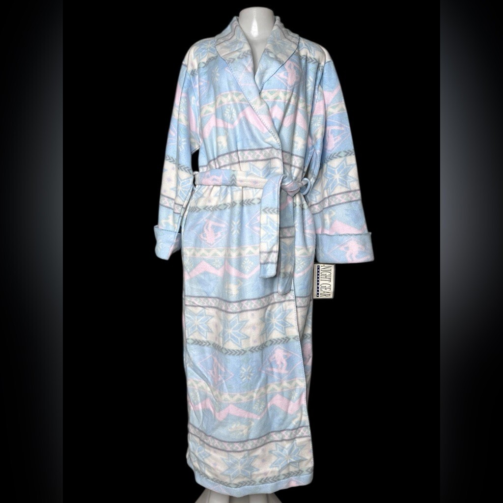 VTG 90s Night Gear Fleece Robe L Southwestern Aztec Pastel Snowflake Belted