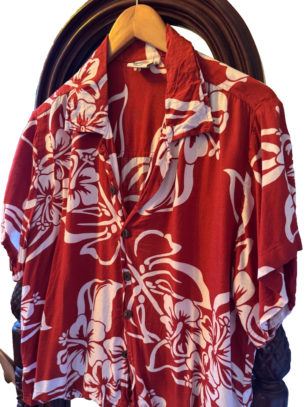 Vintage Hawaiian Coconut button up women’s shirt classic red&white hibiscus XL
