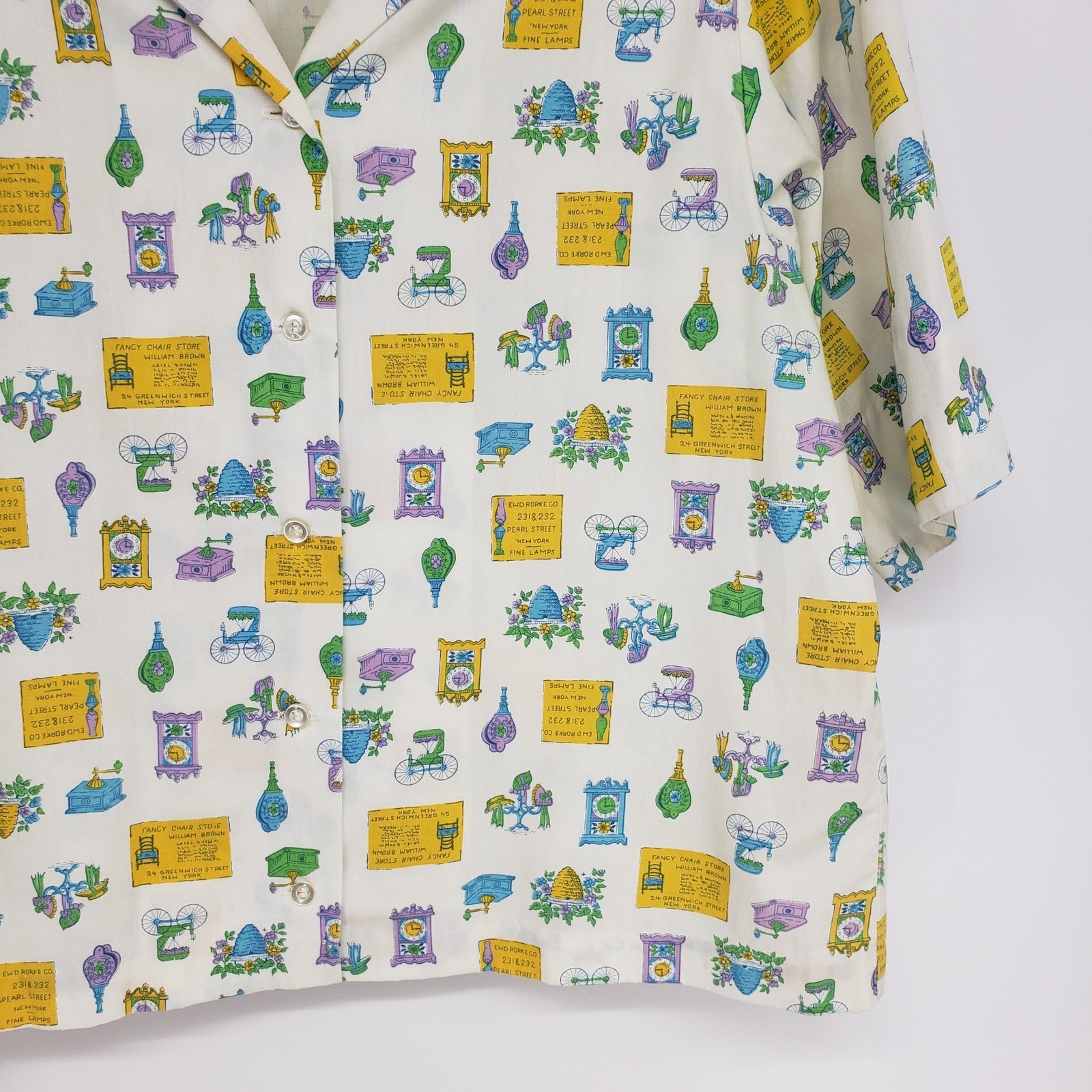 Vintage 70s Novelty Antique Print Button Up Shirt Women L 40 White Yellow Kitsch