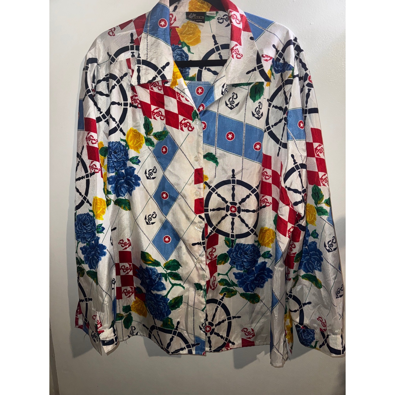 Vtg 90s Nautical Floral Button Up Blouse White Red Blue Size 20 2x Retro