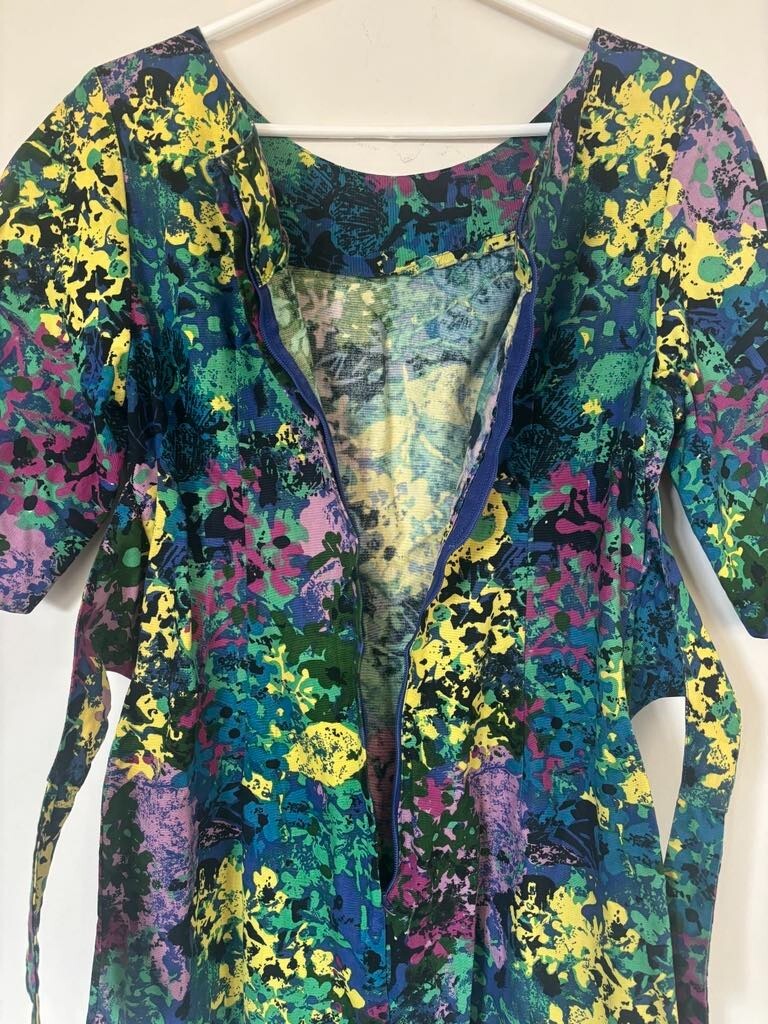 Vintage JA-NA Hawaiian Maxi Dress Size 10 Abstract Floral Multi Color Barkcloth