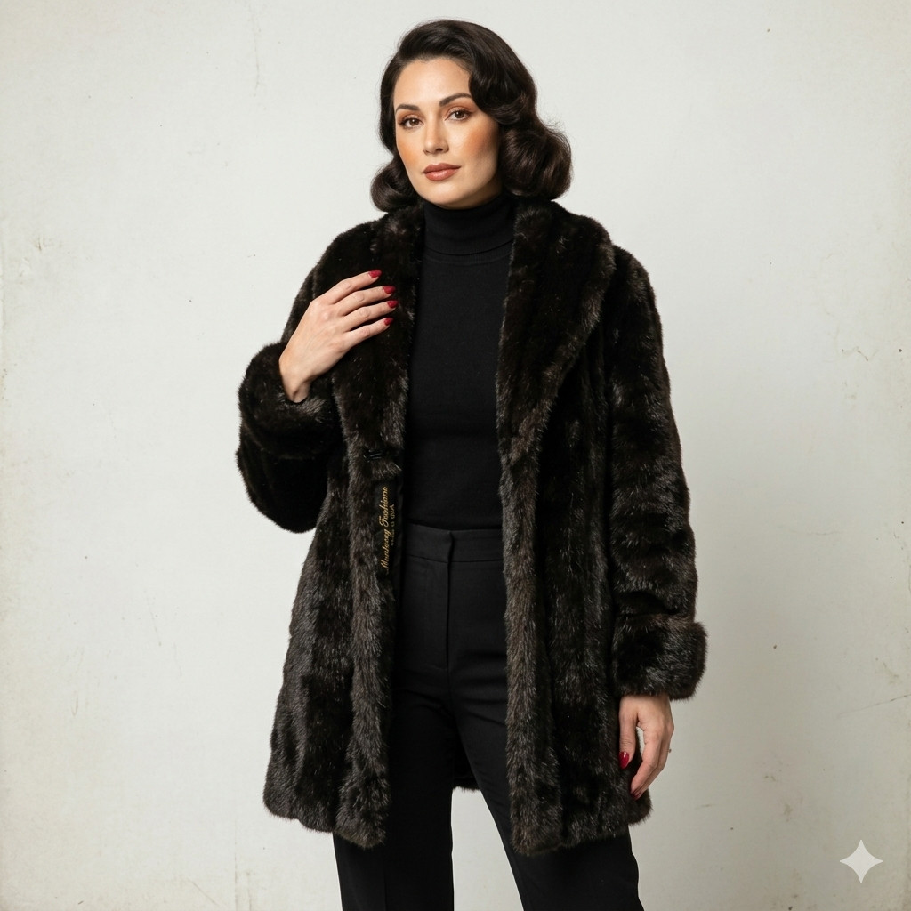 Monterey Fashions Faux Fur Glamour Mob Wife Winter Coat Brown Large