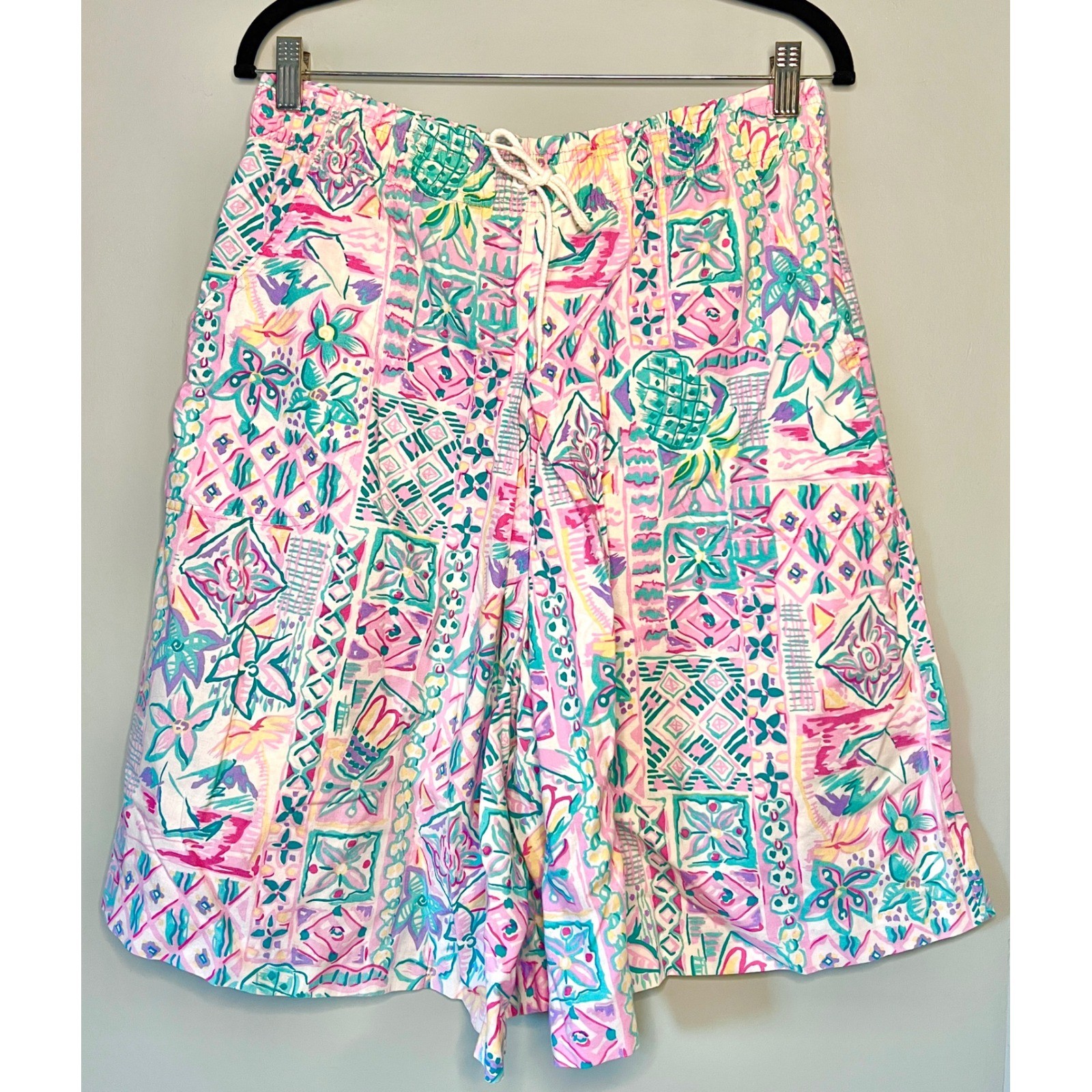 Vintage 90s Jantzen Tropical Patchwork Cotton Relaxed Baggy Long Shorts Size 12