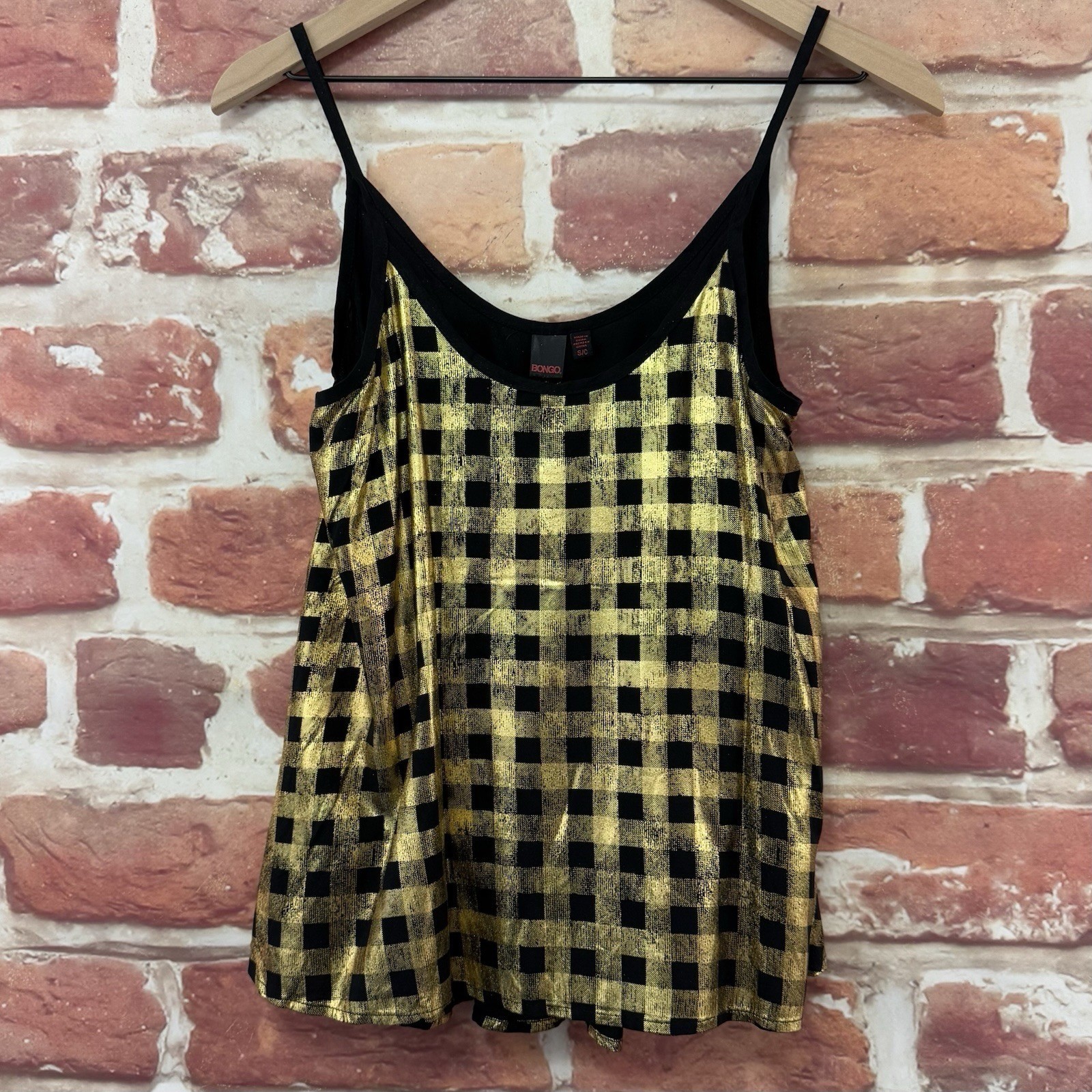 Bongo Top Womens S Black Gold Metallic Gingham Plaid Split Back Camisole Tank