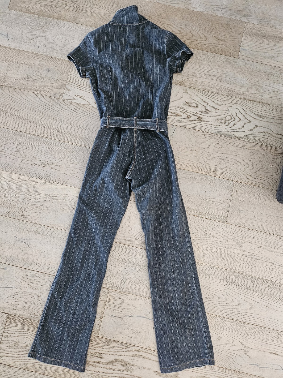Hot Kiss One Piece Denim Pinstrip Pantsuit Belted Jumper SZ M Y2K