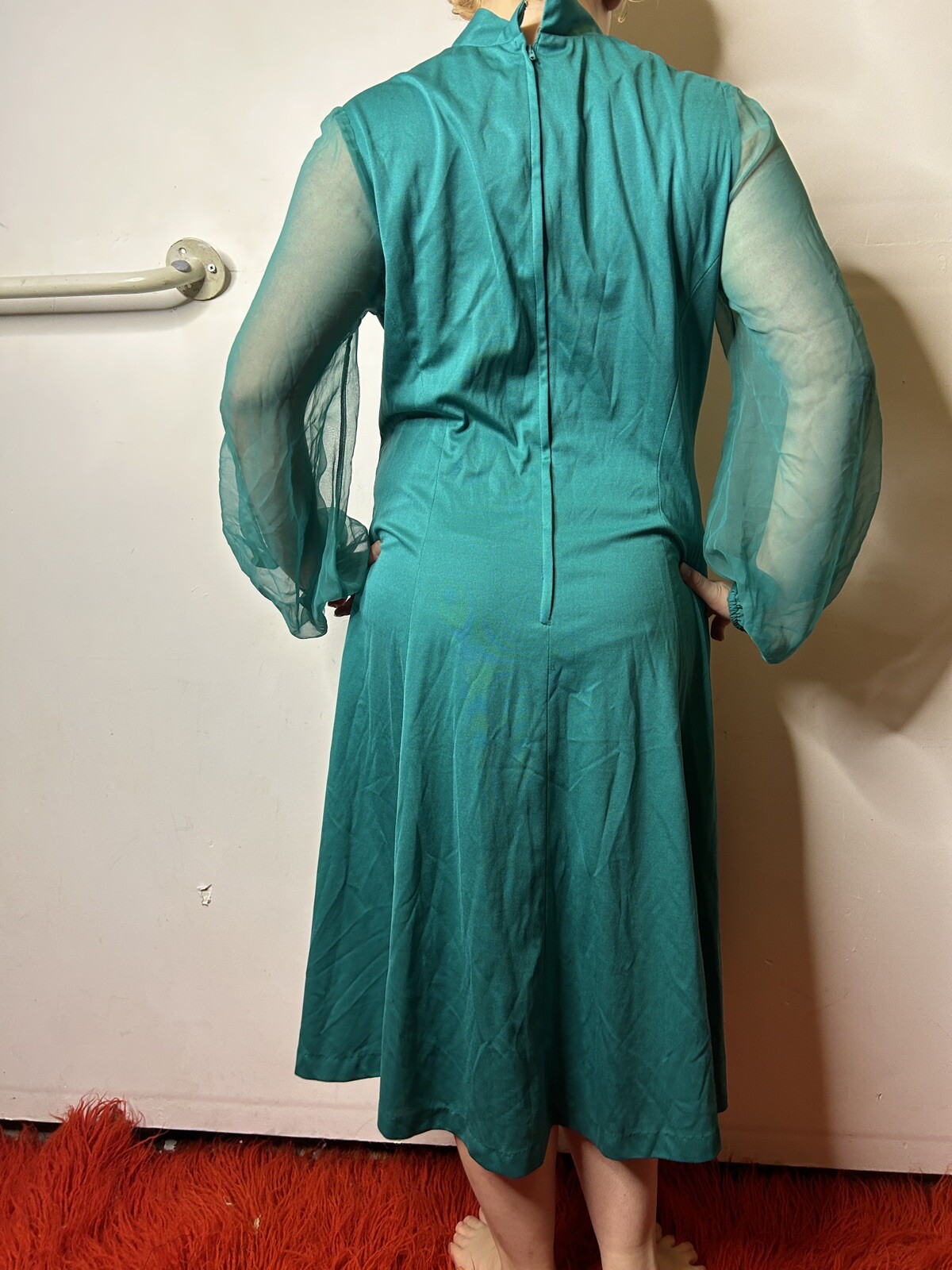 Vintage 1980s does 70s Teal Midi Caftan Dress Chiffon Sleeves Prairie Boho AU 14