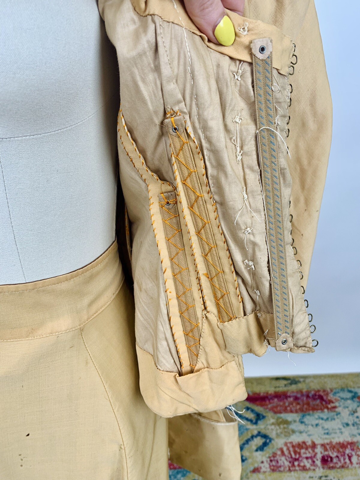 Antique Victorian 1890s Bodice & Skirt Set Tan Silk Leg of Mutton Sleeve AS IS